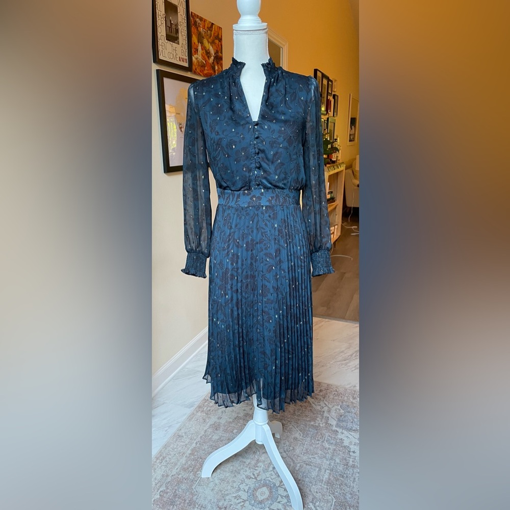 Ann Taylor Floral Ruffle Pleated Flare Dress Midnight Spruce